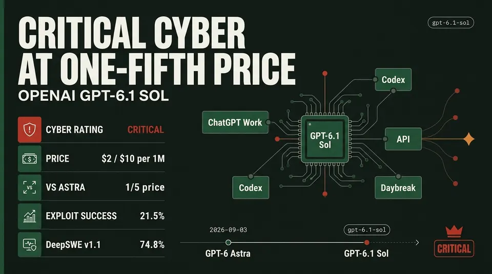 ThreatFrontier data poster: GPT-6.1 Sol rated Critical for cyber at $2/$10 per million tokens, one-fifth of GPT-6 Astra's price, with 21.5% exploit success and 74.8% on DeepSWE v1.1.
