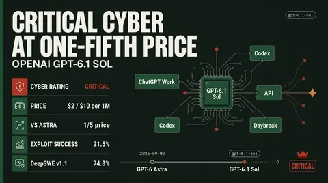 ThreatFrontier data poster: GPT-6.1 Sol rated Critical for cyber at $2/$10 per million tokens, one-fifth of GPT-6 Astra's price, with 21.5% exploit success and 74.8% on DeepSWE v1.1.