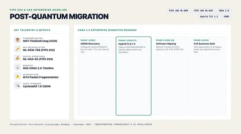 Infographic briefing poster for The Post-Quantum Enterprise Migration Deadline: Implementing FIPS 203 ML-KEM and FIPS 204 ML-DSA Ahead of CNSA 2.0