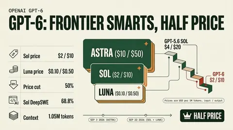 ThreatFrontier data poster: GPT-6 lineup with Astra at $10/$50, Sol at $2/$10 and Luna at $0.10/$0.50 per million tokens, a 50% price cut from GPT-5.6 Sol, Sol DeepSWE 68.8%, 1.05M-token context, released Sep 3 and Sep 22 2026.
