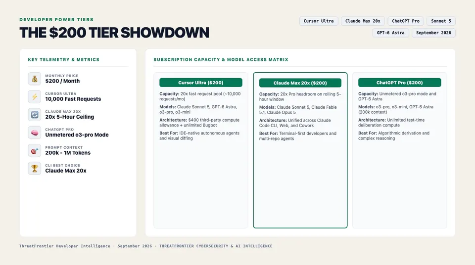 Infographic briefing poster for Cursor Ultra vs. Claude Max 20x vs. ChatGPT Pro: The $200/Month Developer Tier Showdown