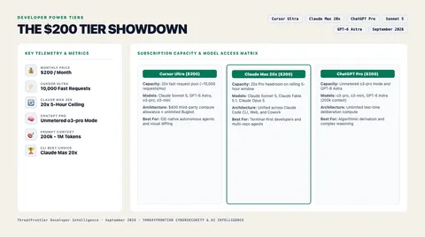 Infographic briefing poster for Cursor Ultra vs. Claude Max 20x vs. ChatGPT Pro: The $200/Month Developer Tier Showdown