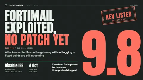 Data graphic: FortiMail exploited, no patch yet. A CVSS 9.8 score beside a KEV listed, no patch yet stamp; the workaround is to disable IBE and the CISA KEV due date is 4 October.