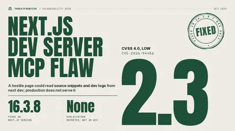Data graphic: Next.js dev server MCP flaw CVE-2026-94486, rated CVSS 4.0 2.3 Low, with a FIXED stamp; fixed in Next.js 16.3.8, with no exploitation reported.