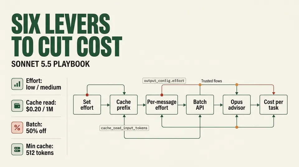 Flow of six cost levers for Claude Sonnet 5.5: set effort, cache the prefix, per-message effort, Batch API, Opus advisor, measure cost per task.