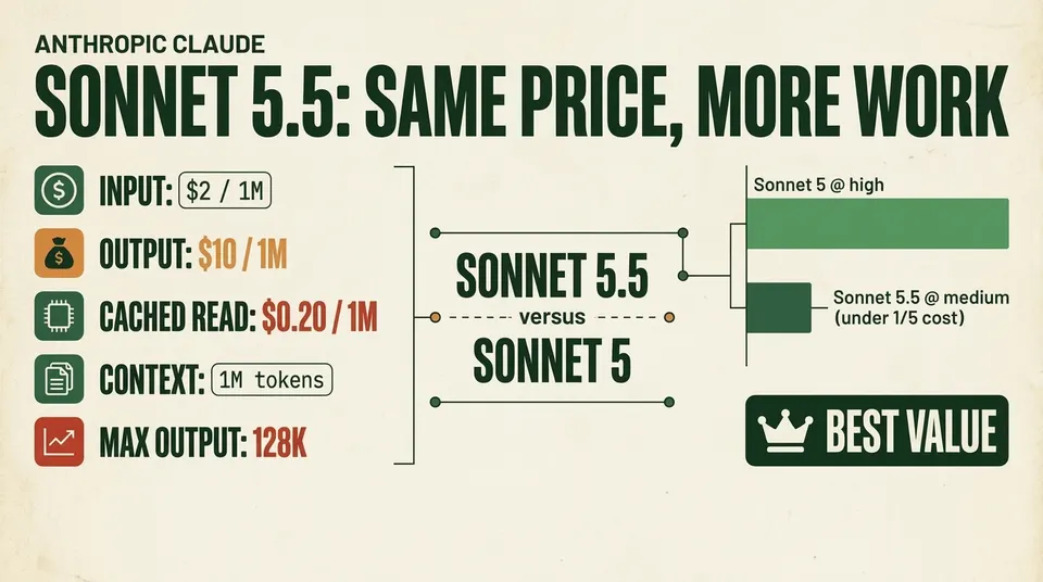Data poster comparing Claude Sonnet 5.5 and Sonnet 5: $2 input, $10 output, $0.20 cached read per million tokens, 1M context; Sonnet 5.5 at medium effort beats Sonnet 5 at high for under a fifth of the cost.