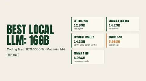 Data graphic: Best local LLM: 16GB. gpt-oss-20b 12.8GB; Gemma 4 26B A4B 14.2GB; Devstral Small 2 14.3GB; Qwen3.5-9B 5.68GB; Gemma 4 12B 6.98GB