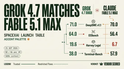Head-to-head data poster from SpaceXAI's Grok 4.7 launch table: Grok 4.7 xHigh against Claude Fable 5.1 Max on DeepSWE v1.1 71.0 to 70.0, EEBench 64.0 to 56.4, Harvey Legal 19.6 to 6.7, and Terminal-Bench 38.0 to 57.9, stamped VENDOR SCORED.