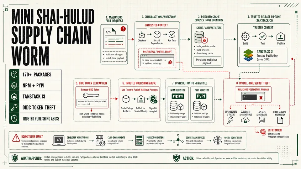 Mini Shai-Hulud supply chain worm trusted publishing abuse diagram