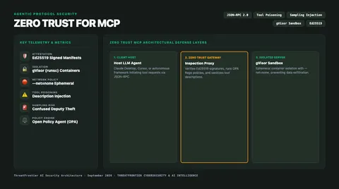 Infographic briefing poster for Architecting Zero Trust for MCP: Mitigating Tool Poisoning, Sampling Injection, and Capability Forgery in Agentic Systems