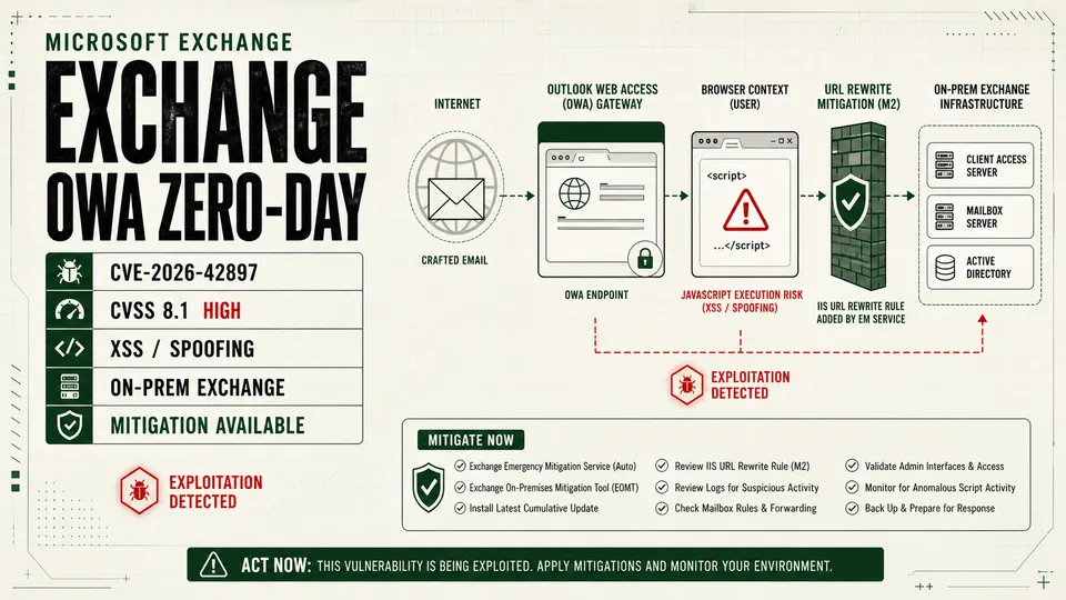 Microsoft Exchange OWA CVE-2026-42897 zero-day mitigation diagram