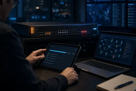 Technician performing urgent integrity checks and remediation on an internet-facing Ivanti Connect Secure remote-access gateway after CISA KEV listing of CVE-2025-22457