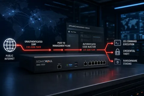 Illustration of chained SonicWall SMA1000 zero-days CVE-2026-15409 SSRF and CVE-2026-15410 code injection from internet exposure to full appliance compromise.