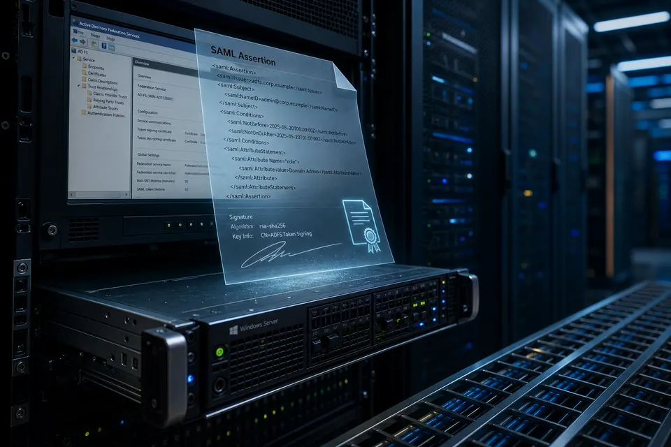 Editorial illustration of an AD FS server with a forged SAML assertion hovering above it in a data center