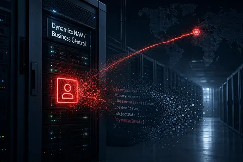 Illustration of an on-premises Dynamics NAV and Business Central ERP server under unauthenticated remote code execution risk via a crafted login path