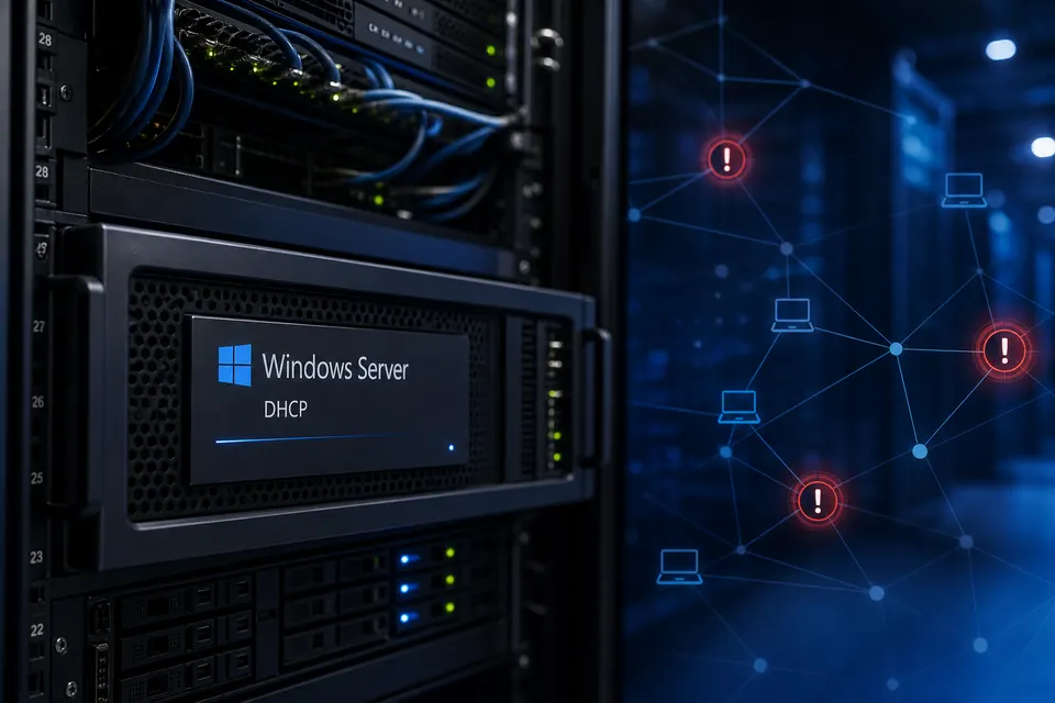 Illustration of enterprise DHCP server infrastructure under elevated risk during Microsoft July 2026 Patch Tuesday