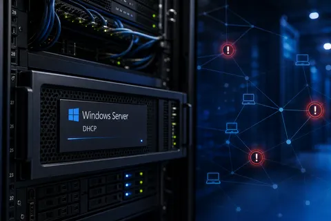 Illustration of enterprise DHCP server infrastructure under elevated risk during Microsoft July 2026 Patch Tuesday