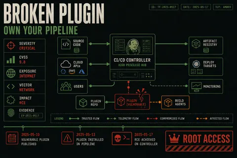 Conceptual illustration of a Jenkins-style CI/CD controller at the center of a software factory, with pipeline lines to code, cloud, and artifacts and a cracked supply-chain link on one plugin package