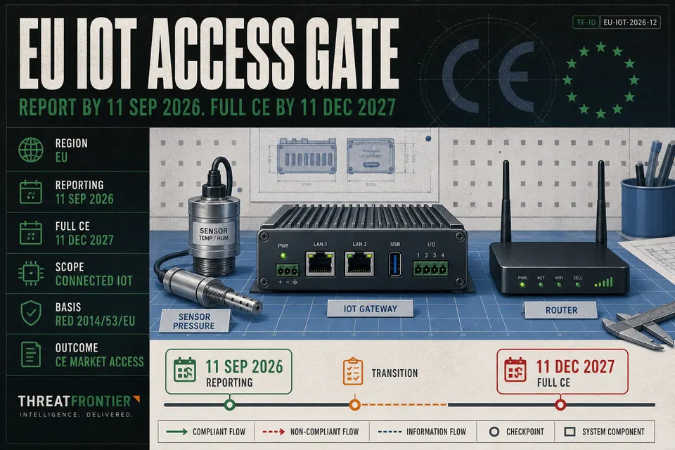 Connected IoT hardware with EU Cyber Resilience Act dual compliance milestones for September 2026 reporting and December 2027 CE marking
