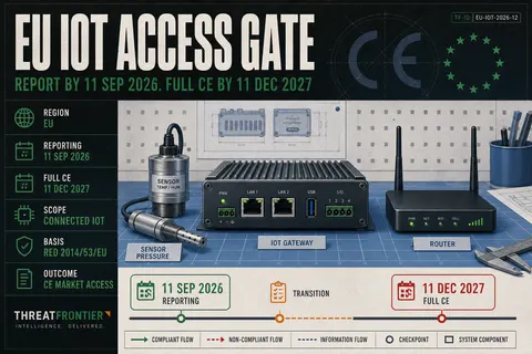 Connected IoT hardware with EU Cyber Resilience Act dual compliance milestones for September 2026 reporting and December 2027 CE marking