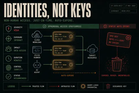 Illustration of ephemeral workload credentials replacing long-lived API keys in non-human identity management