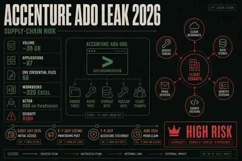 Dossier-style briefing poster summarizing the July 2026 Accenture Azure DevOps breach: roughly 35 GB stolen, ~87 applications and 56 environment credential files exposed, with cascade paths from provider ADO to client tenants via PATs, storage keys and committed secrets.