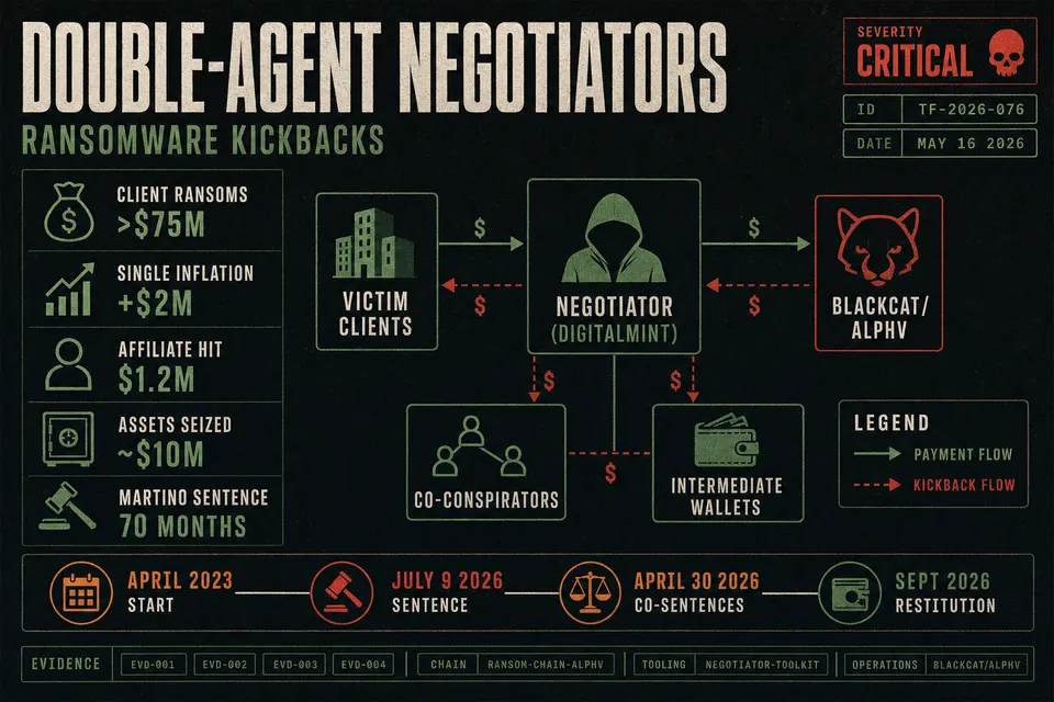 Dossier-style infographic summarizing double-agent ransomware negotiator scheme with key dollar figures, prison sentences, and collusion flow nodes from the Martino case