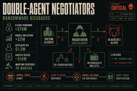 Dossier-style infographic summarizing double-agent ransomware negotiator scheme with key dollar figures, prison sentences, and collusion flow nodes from the Martino case