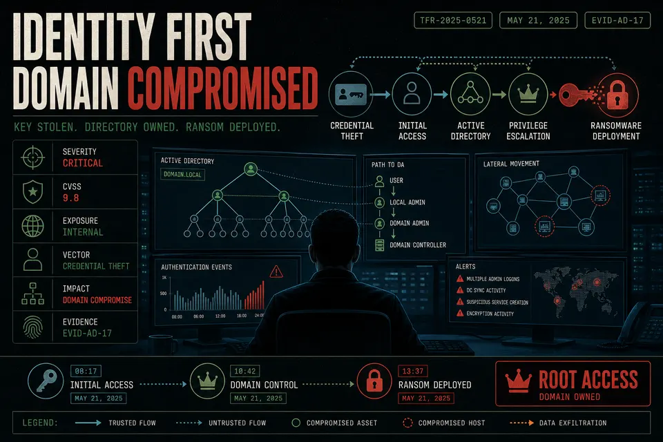 Editorial illustration of identity-based ransomware entry via compromised credentials leading toward domain compromise