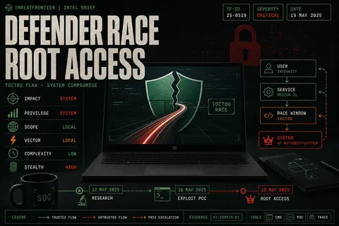 Editorial illustration of a Microsoft Defender privilege-escalation race condition elevated after CISA KEV listing for ransomware use