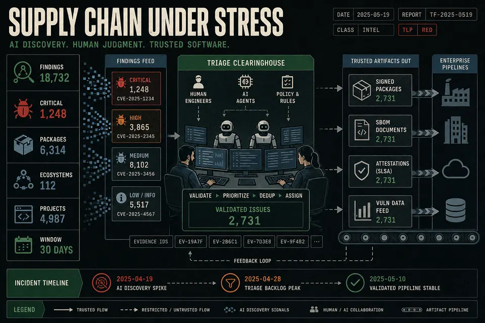 Illustration of AI-discovered open-source vulnerabilities flowing into a human-and-AI triage clearinghouse that produces signed remediated packages