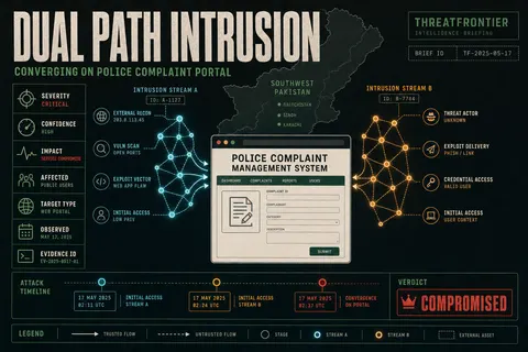 Abstract illustration of two separate state-linked cyberespionage paths converging on a Pakistani police complaint portal