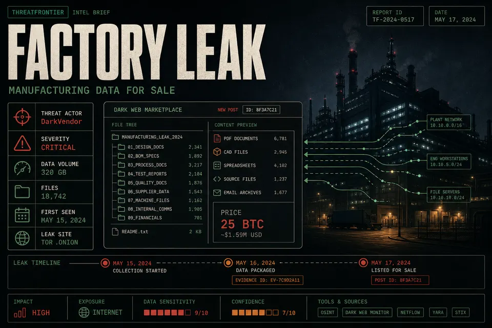 Editorial illustration of a dark-web leak dashboard over an electronics plant silhouette