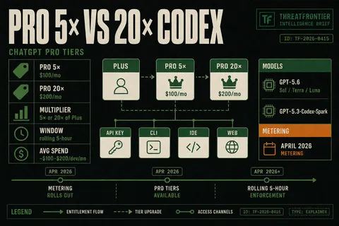 Briefing poster comparing ChatGPT Pro 5× ($100) and 20× ($200) for Codex agentic coding, with plan multipliers, five-hour window, and Plus vs Pro vs API choice nodes.
