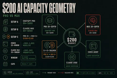 Hub-and-spoke briefing poster comparing three $200 AI setups: ChatGPT Pro 20×, Claude Max 20×, and a Pro 5× plus Max 5× split, with illustrative rate-window ranges and depth-versus-failover tradeoffs.
