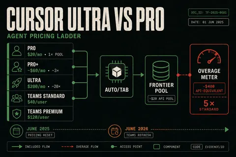 Briefing poster comparing Cursor Pro, Pro+, Ultra, and Teams pricing for agent coding, with credit multiples and upgrade thresholds