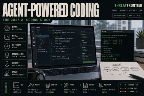 Developer workstation showing IDE and terminal agents as parts of a 2026 AI coding stack
