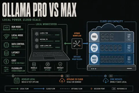 Illustration contrasting free unlimited local Ollama on a laptop with optional paid cloud GPU capacity tiers Pro and Max