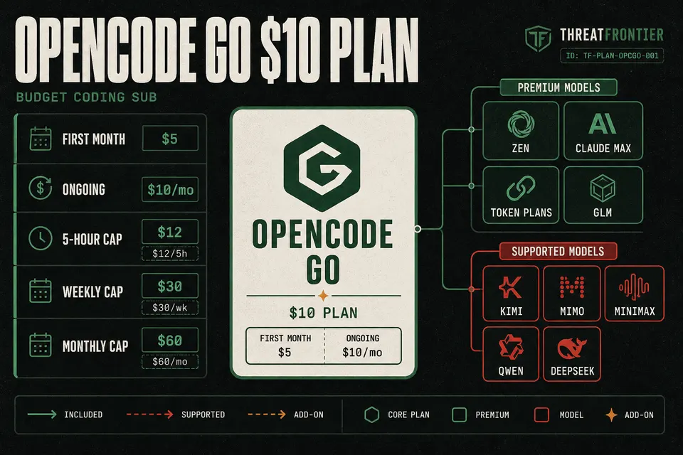 Dossier-style infographic of OpenCode Go pricing: $5 first month then $10 monthly, with $12 five-hour, $30 weekly, and $60 monthly dollar caps, plus comparison nodes for free client, Zen, and frontier alternatives.