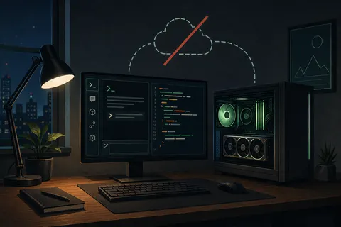 A developer's desk lit by a monitor running a terminal AI coding assistant next to a desktop PC with a glowing GPU, illustrating AI models running locally and offline.