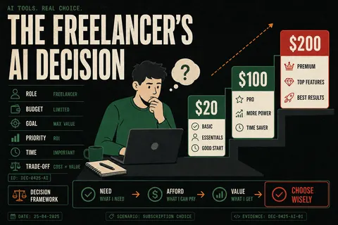 Illustration of a freelancer weighing $20, $100 and $200 monthly AI subscription tiers rising like steps.