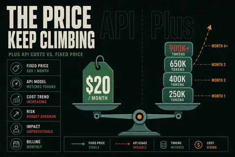 Illustration of a weighing scale comparing a flat monthly subscription price against rising pay-as-you-go API token costs.