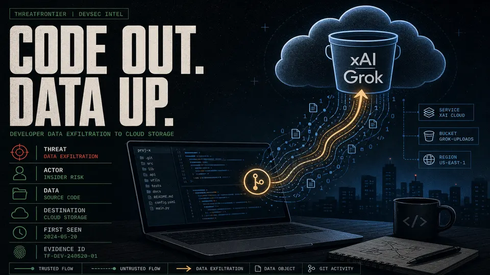 Illustration of code and git history streaming out of a developer's laptop terminal up into an xAI-branded cloud storage bucket.
