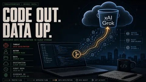 Illustration of code and git history streaming out of a developer's laptop terminal up into an xAI-branded cloud storage bucket.