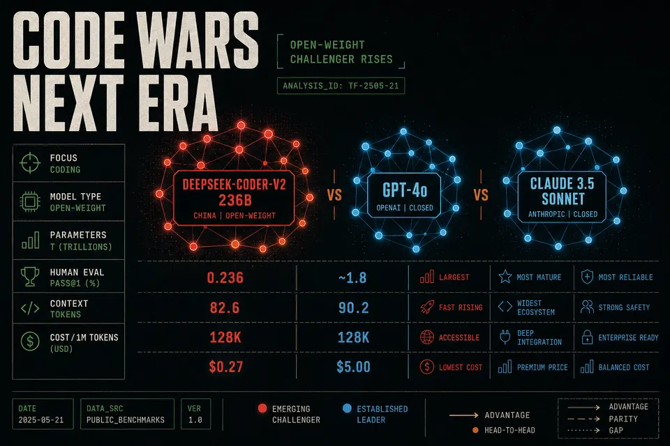Illustration comparing China's Kimi K3 open-weight AI model against Western coding assistants Claude and Codex.