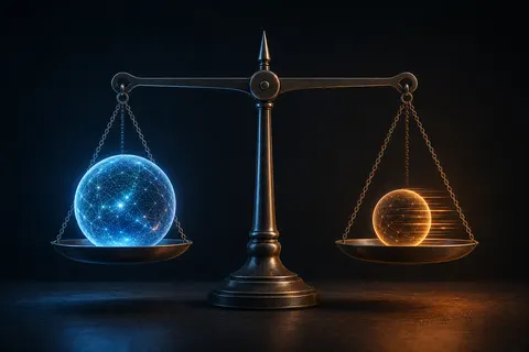 A balanced scale weighing a large premium AI model against a smaller, cheaper one that sits level with it, illustrating a match-not-beat positioning.
