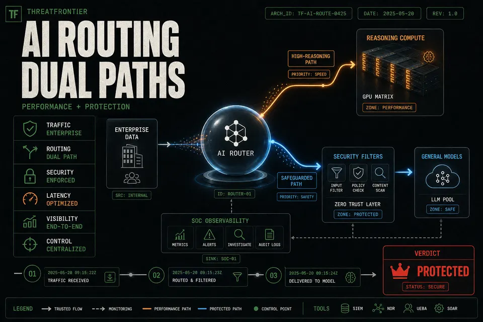 3D editorial illustration depicting enterprise AI compute routing and SOC security safeguards