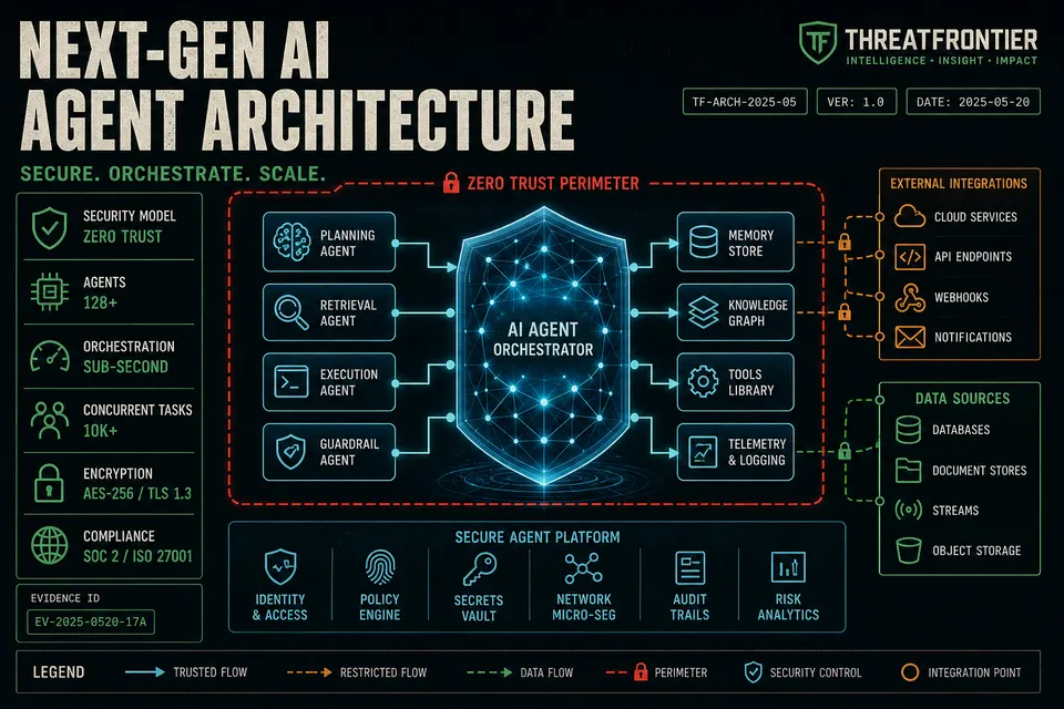 Editorial illustration depicting autonomous agentic AI network nodes protected by cryptographic zero-trust security boundaries.