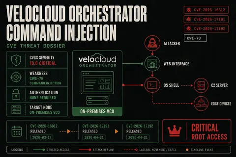 Threat dossier infographic detailing CVE-2026-16812 unauthenticated command injection in Arista VeloCloud Orchestrator with CVSS 10.0 rating.