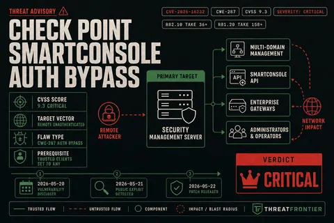 Threat dossier poster for Check Point SmartConsole CVE-2026-16232 showing CVSS 9.3 critical rating, architectural attack vectors, affected releases, and key remediation versions.